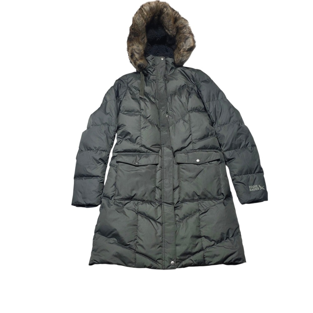 Eddie Bauer Down Parka Women TM Tall Medium Green Faux Fur Hood 650 Fill Coat
